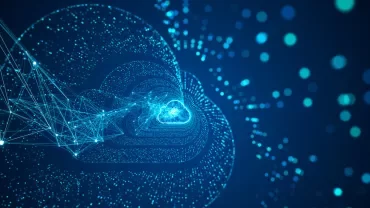 Illustrazione di una rete di dati a forma di nuvola su sfondo blu