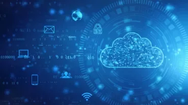 Illustrazione di tecnologia cloud con dati binari e icone digitali.