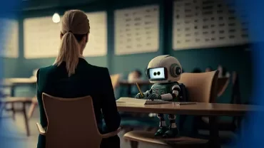 Persona e robot seduti a un tavolo in una stanza illuminata.