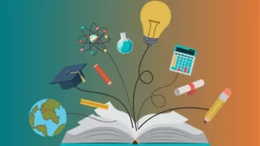 Libro aperto con icone educative: lampadina, pianeta, atomo.