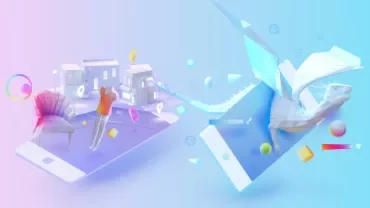 Illustrazione con drago e oggetti digitali che emergono da smartphone.