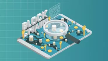 Illustrazione di blockchain su tablet con lente d'ingrandimento.