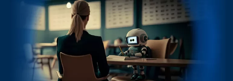 Persona e robot seduti a un tavolo in una stanza illuminata.