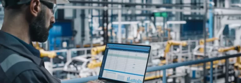 Operaio in fabbrica utilizza un laptop per monitorare un processo produttivo automatizzato.