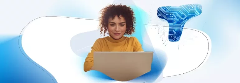 Ragazza al computer con uno sfondo di Talent Trends
