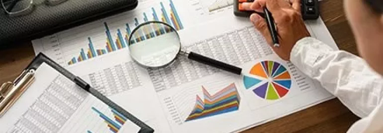Persona al lavoro con grafici e calcolatrice su una scrivania.