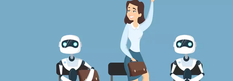 Grande mano seleziona persona tra due robot seduti.