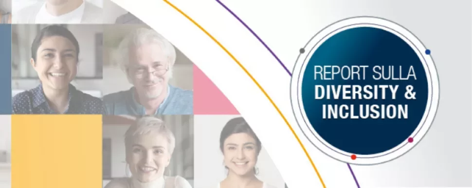 Immagine di volti vari su sfondo geometrico colorato.