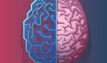 Immagine di un cervello diviso, metà tecnologica e metà biologica.