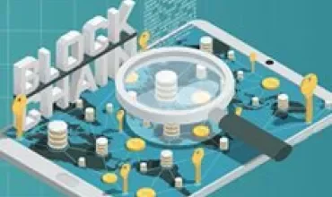 Illustrazione di un concetto di blockchain con tablet e lente d'ingrandimento.