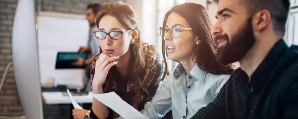 Gruppo di persone concentrate davanti a un computer alla scrivania.
