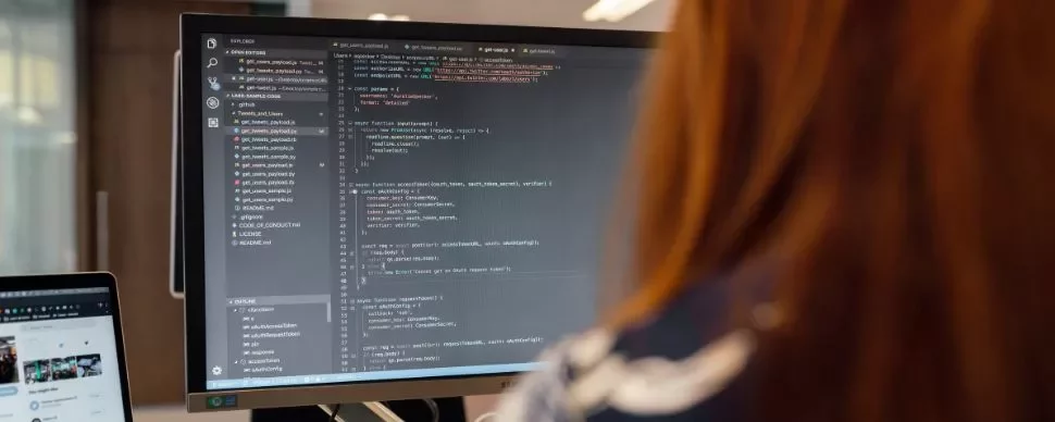 Persona al computer con codice sullo schermo.