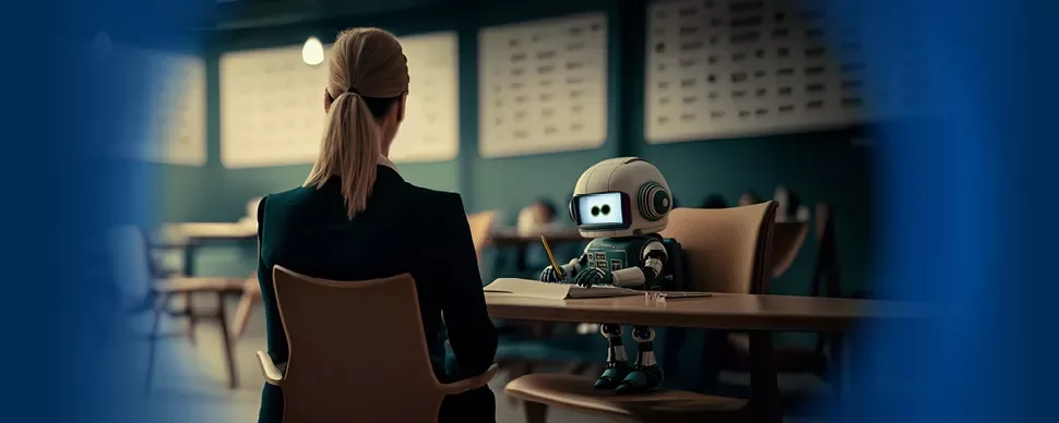 Persona seduta davanti a un robot che prende appunti in una sala riunioni.