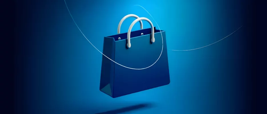A shopping bag in a dark blue and white gradient background
