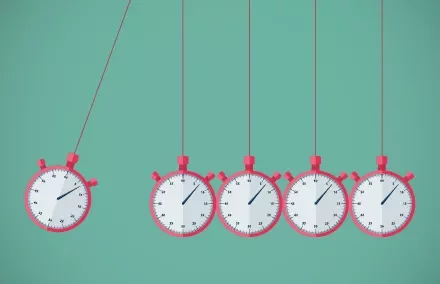 Illustrazione di cinque orologi a pendolo su sfondo verde.
