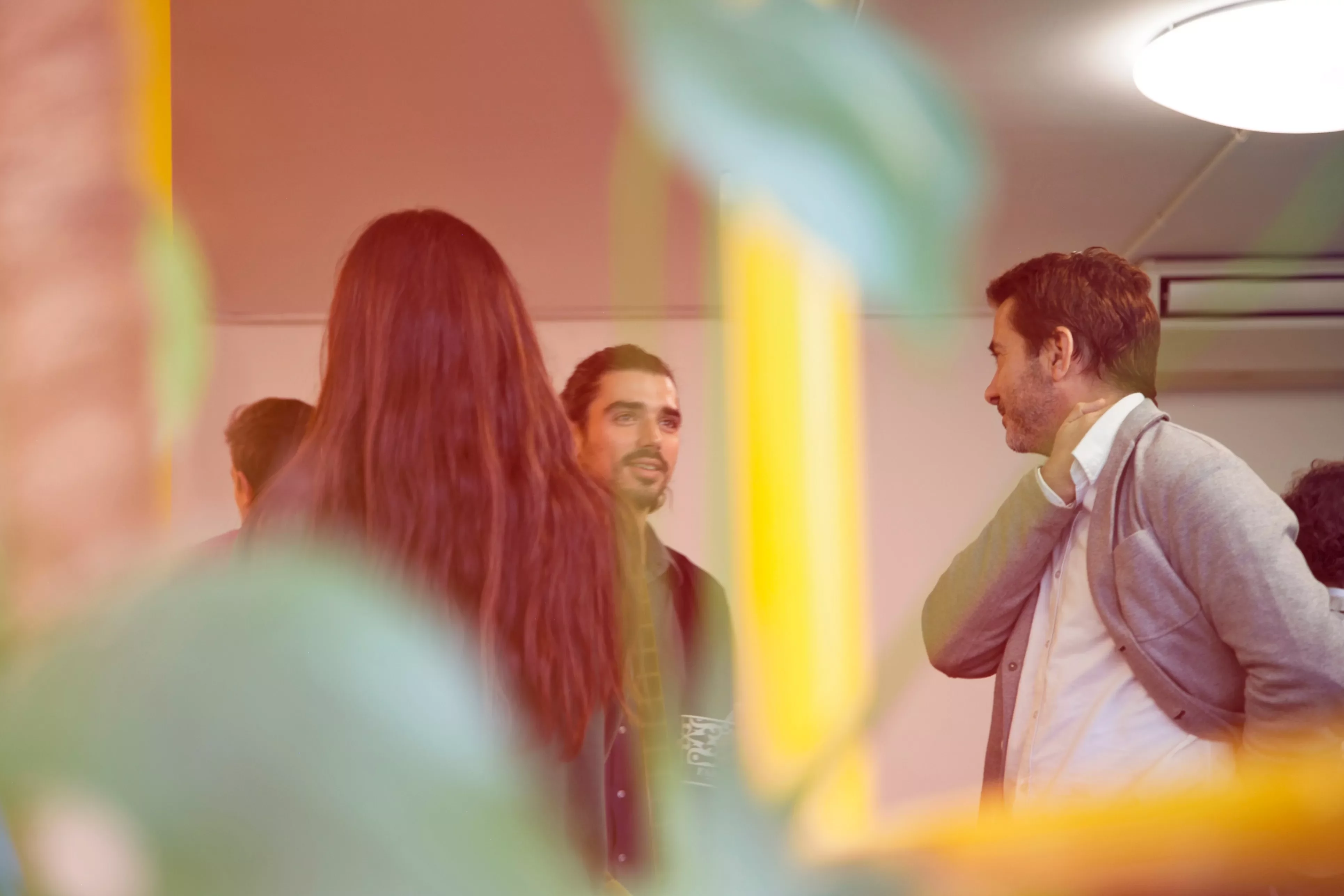 Persone che conversano in un ufficio con piante in primo piano.