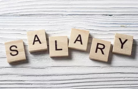 Parola 'SALARY' formata da lettere su dadi di legno.